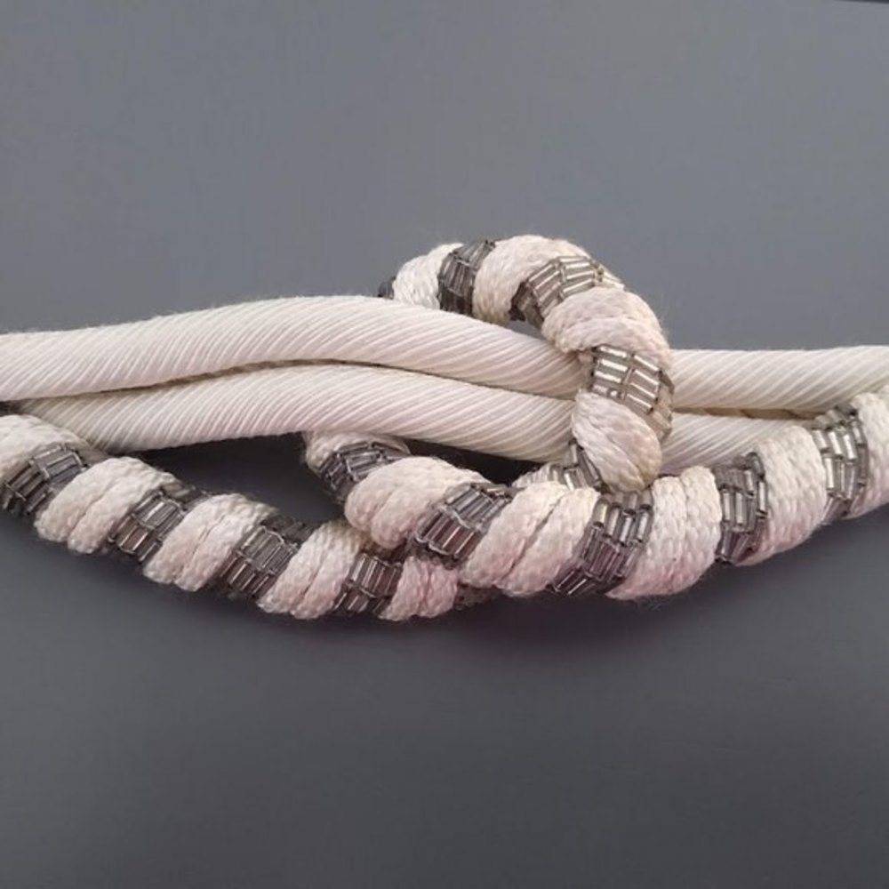 Leather Shop White and Silver Beaded Corded Knotted Bungee Belt Vintage